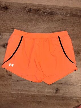 Under Armour Women's Fly By 2.0 Neon Orange Athletic Shorts with Black Trim